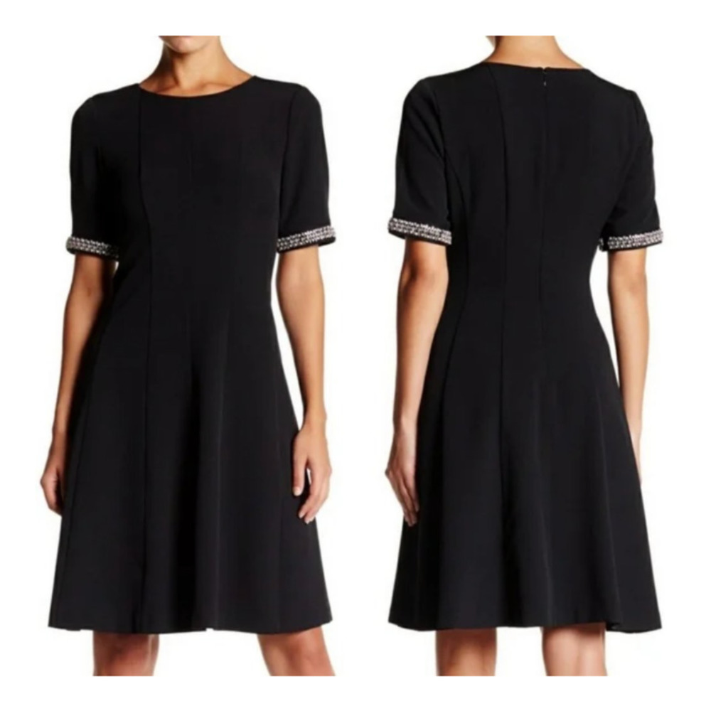 Eliza J Classic A-line Dress 4 Embellished Short Sleeves Black Fully-lined EUC!